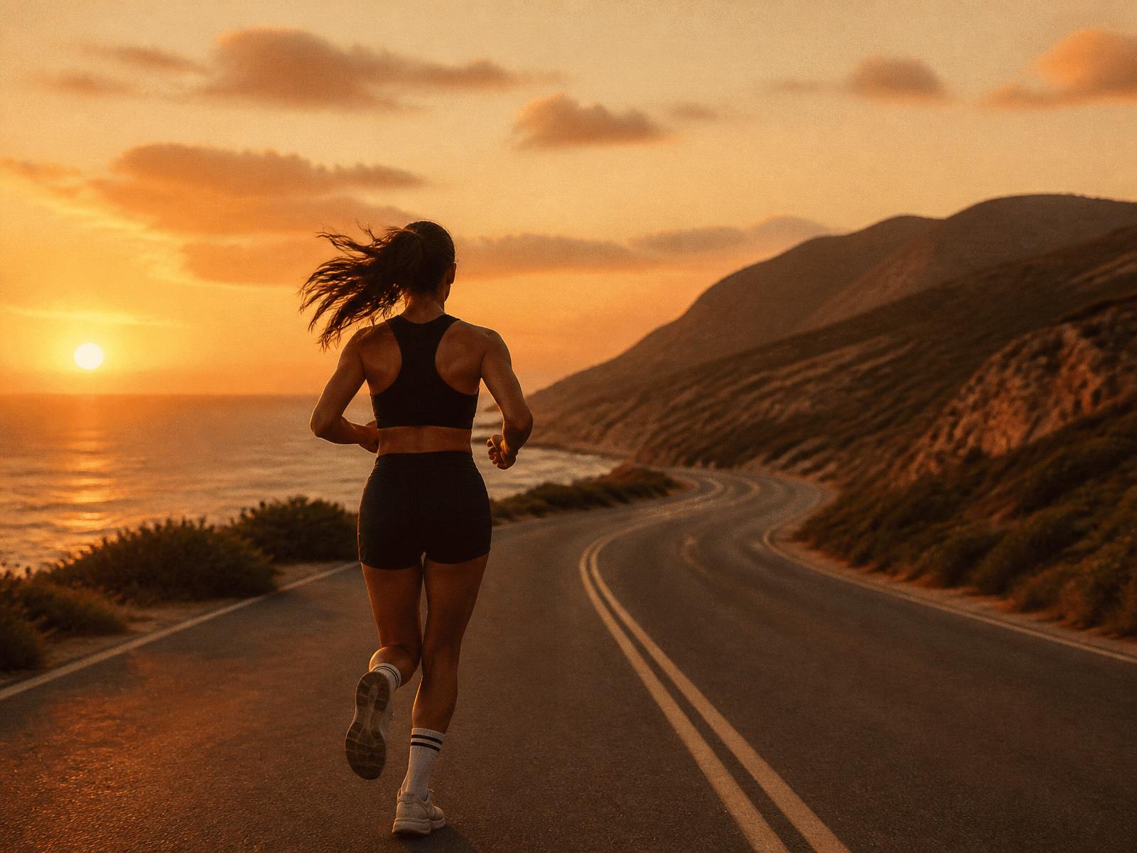 A woman running along a coastal road at sunrise
