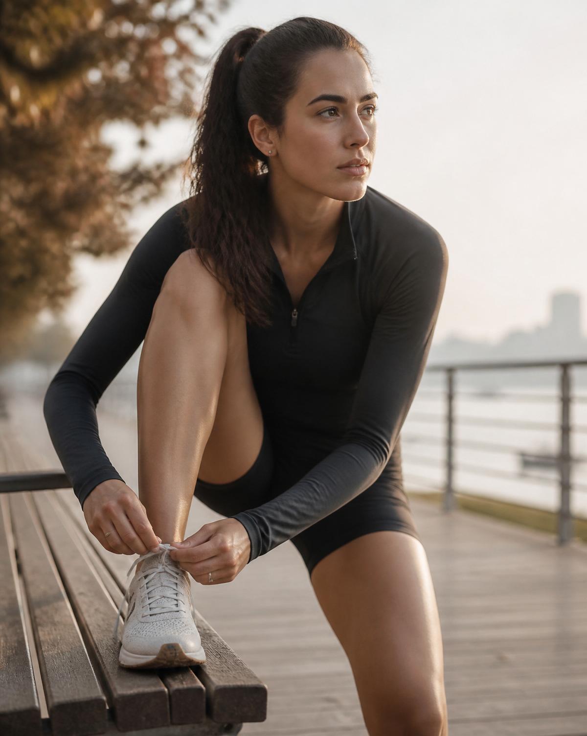 A woman tying her running shoe on a bench at sunrise